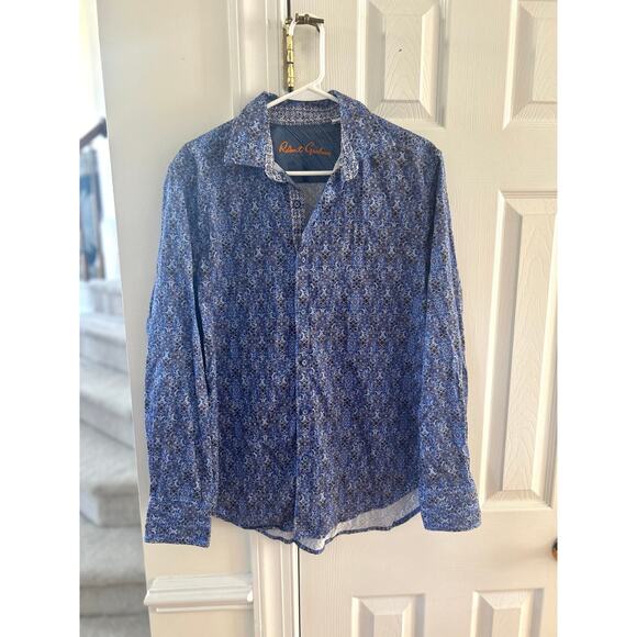 Robert Graham Blue & Brown Mosaic Patterned Contrast Cuff Button Down - Picture 1 of 7